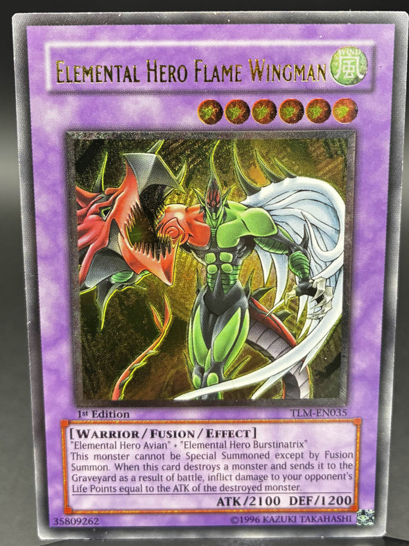 Elemental Hero Flame Wingman - TLM-EN035 - Ultimate Rare - 1st Edition - PLD (UDE Unofficial Silver Stamp)